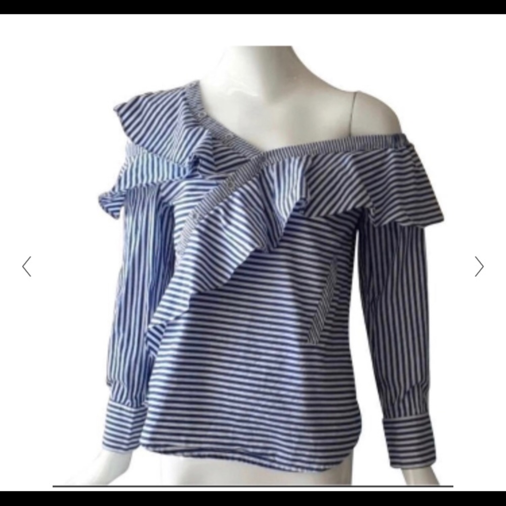 V Cristina blue/ white strip off shoulder shirt.